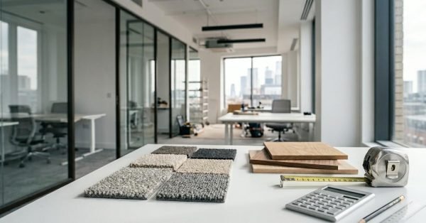 Office renovation materials including carpet samples, wood finishes, and measuring tools in a modern workspace.