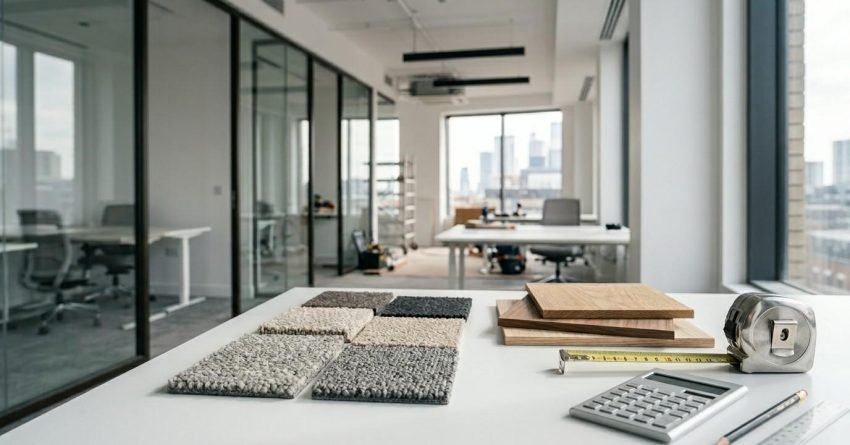 Office renovation materials including carpet samples, wood finishes, and measuring tools in a modern workspace.