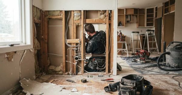 Contractor working inside exposed wall framing with plumbing and electrical systems visible, illustrating structural home renovation work and one of the most expensive remodeling phases.