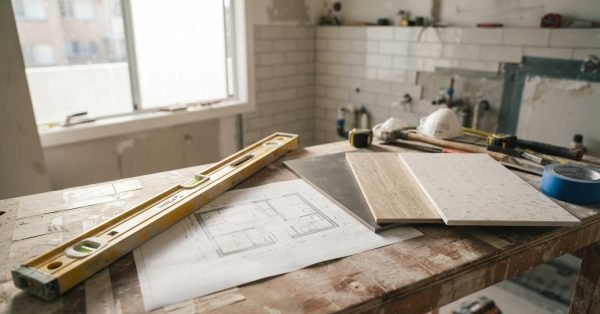 Bathroom renovation workspace with floor plans, tile samples, level, and tools prepared for a remodeling project.