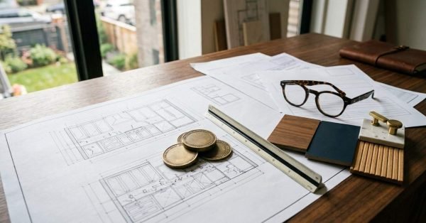 Kitchen renovation permit cost planning with blueprint drawings, cost estimation coins, material samples, ruler, and design documents on a wooden desk, representing budgeting and permit expenses for a kitchen remodel.
