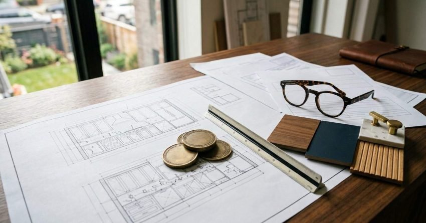 Kitchen renovation permit cost planning with blueprint drawings, cost estimation coins, material samples, ruler, and design documents on a wooden desk, representing budgeting and permit expenses for a kitchen remodel.