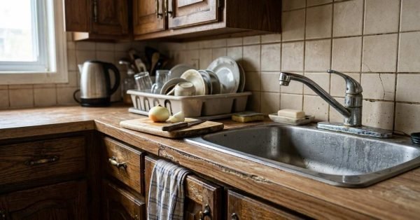 Worn kitchen with outdated cabinets, aging countertops, stained sink area, and visible signs of renovation need.