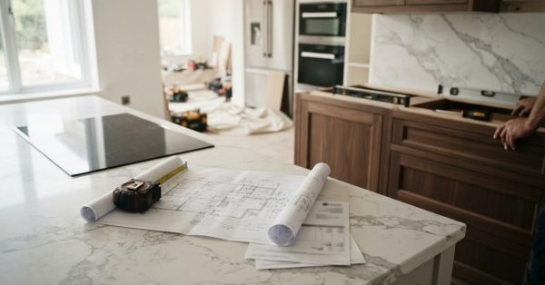 Kitchen renovation in progress with blueprints, measuring tape, and tools on a marble island as new cabinets and appliances are being installed.