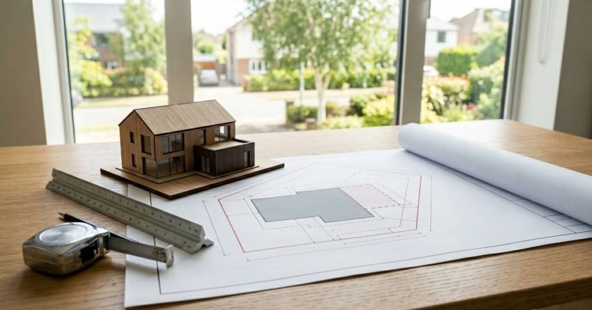 Architectural site plan with house model, measuring tools, and extension layout design on a planning table.