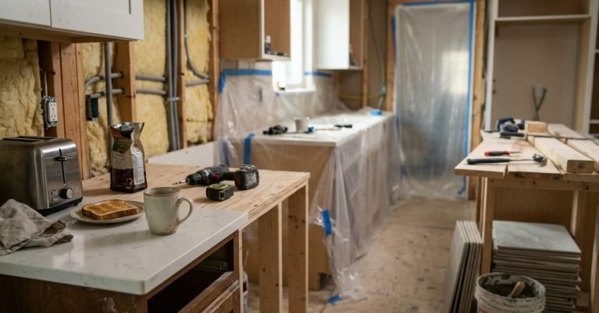 Kitchen renovation in progress with exposed framing, temporary cabinetry, construction tools, and protective dust barriers.