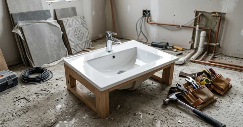 Bathroom renovation with sink installation and exposed plumbing.