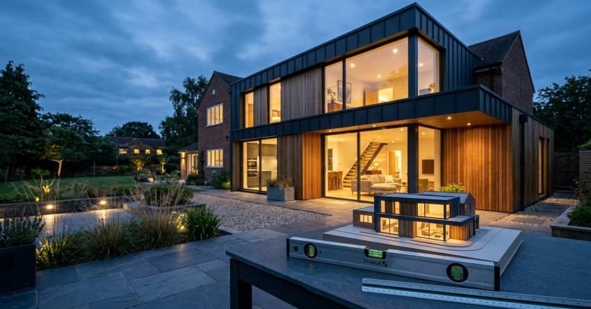 Contemporary home extension at dusk with a scale architectural model displayed in the foreground.