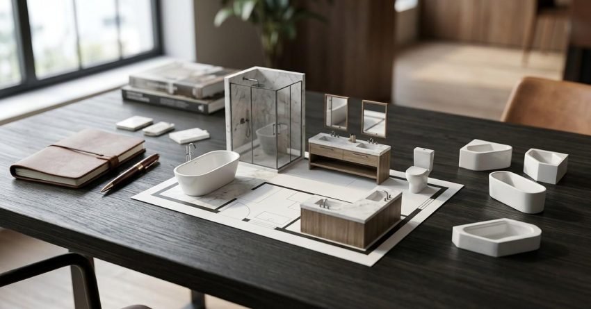3D bathroom layout model on a design floor plan.