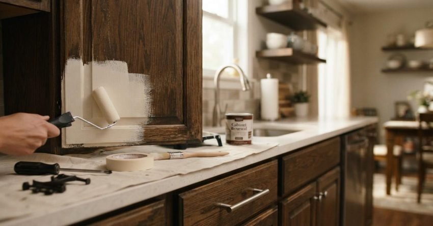 Hand using a paint roller to refinish dark wood kitchen cabinets with white paint, illustrating a cost-effective kitchen cabinet makeover and cabinet refinishing project.