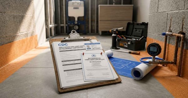 Bathroom waterproofing inspection with compliance certificates, plumbing pressure testing, and renovation plans