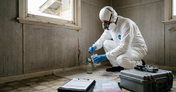 Licensed asbestos assessor collecting a material sample in a pre-1990 Australian home before renovation to identify asbestos-containing materials safely and in compliance with regulations.