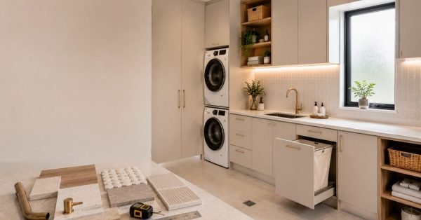 Luxury Australian laundry renovation with bespoke cabinetry, stone benchtops, concealed storage, premium finishes, and expert craftsmanship in a modern, functional interior.