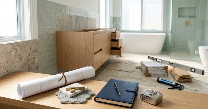 Bathroom renovation workspace featuring tile samples, brass cabinet hardware, leather planner, and blueprints in the foreground, with an oak vanity installation, boxed floor tiles, and freestanding tub in the background.
