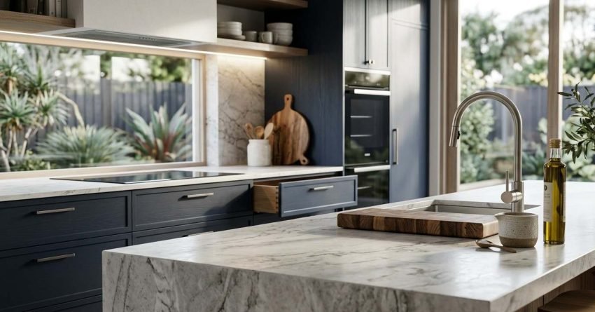 Modern kitchen featuring a thick Calacatta marble waterfall island with an undermount sink and brushed nickel gooseneck tap, paired with navy blue shaker cabinetry, open dovetail drawers, a window splashback, and integrated double wall ovens.