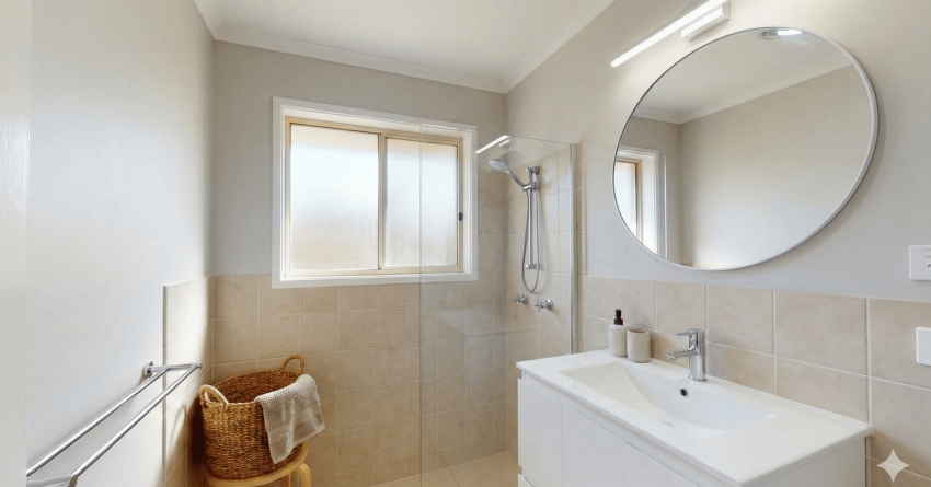 Budget-friendly bathroom renovation in Sydney, Australia completed under $10,000 with modern vanity, toilet, and cosmetic upgrades