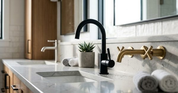 Modern double vanity featuring a comparison of tapware finishes: a deck-mounted matte black gooseneck faucet, a wall-mounted brushed brass cross-handle tap set, and a brushed nickel deck-mounted faucet on a white marble countertop.