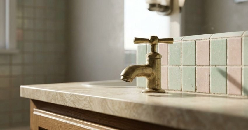 Vintage aged brass cross-handle pillar tap mounted on a beige marble vanity countertop with a pink and mint green mosaic tile splashback.