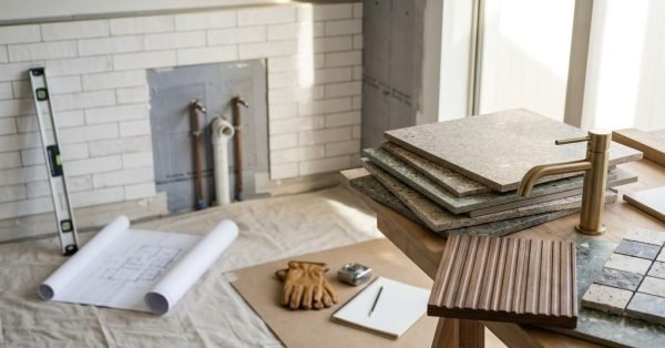 Bathroom remodel workspace displaying terrazzo tile samples, brushed brass basin mixer tap, fluted timber sample, architectural blueprints, and tools against a half-tiled wall with exposed plumbing rough-ins.