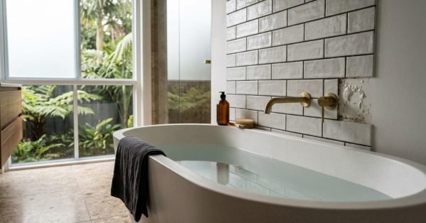 Modern stone freestanding bathtub filled with water beside a white subway-tiled feature wall with brushed brass wall-mounted tapware, showing a missing tile and drywall water damage flaw beside the mixer, positioned in front of a garden-view window.