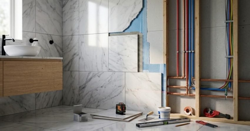 Cross-section diagram of a bathroom renovation showing the installation stages from open stud framing with rough-in plumbing and electrical wiring to blue waterproofing membrane, mortar adhesive, and large marble wall tiles next to a finished floating vanity.