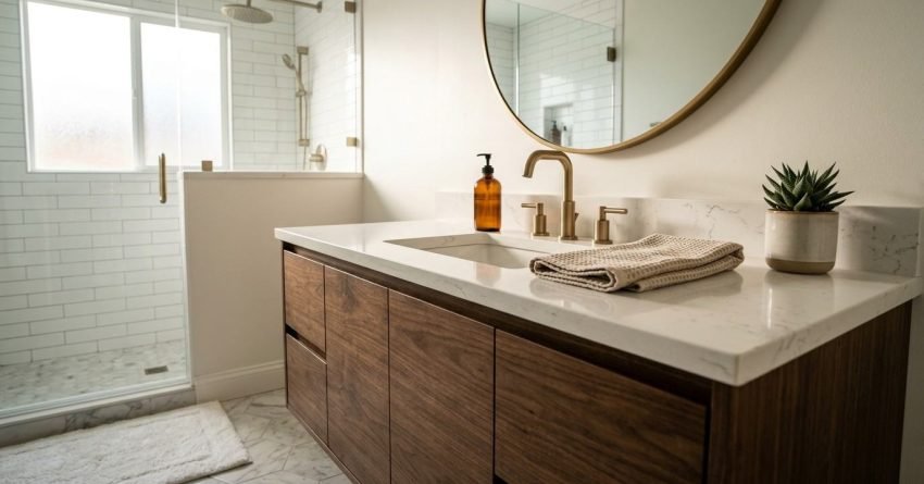 Modern walnut timber bathroom vanity with a white quartz countertop, undermount sink, three-piece brushed brass faucet set, round brass mirror, and an open walk-in shower with white subway tiles.