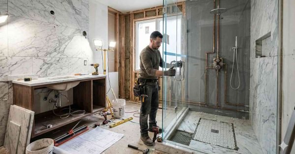 Bathroom renovation showing expensive elements like walk-in shower installation, plumbing work, and premium tiles under construction