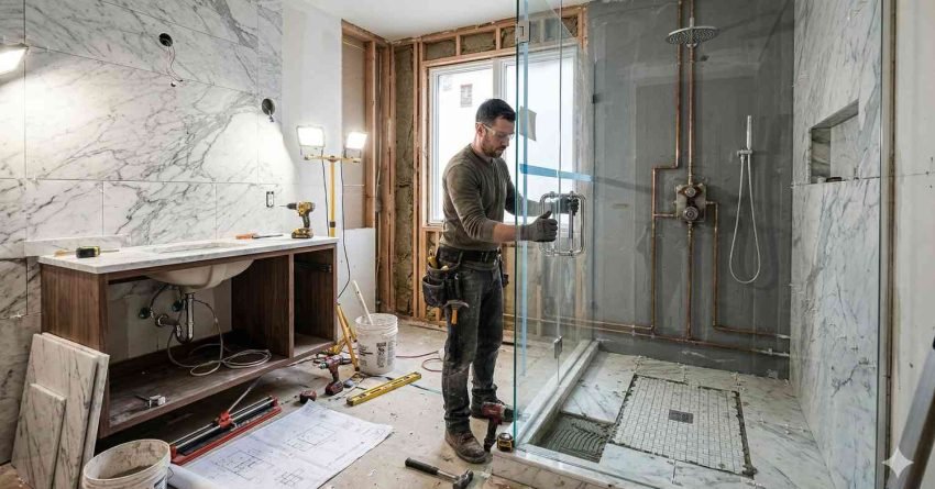 Bathroom renovation showing expensive elements like walk-in shower installation, plumbing work, and premium tiles under construction