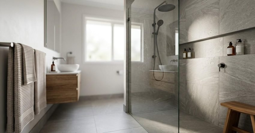 Modern walk-in shower converted from a bathtub space, featuring large-format grey stone tiles, matte black twin shower system, recessed shower niche, frameless glass panel, teak shower bench, and a floating timber vanity in the background.