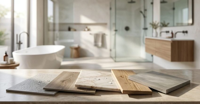 Water-resistant bathroom flooring material samples—including textured grey porcelain tile, wood-look vinyl plank, polished marble tile, engineered timber, and concrete slab—arranged on a counter in front of a bright modern bathroom with a freestanding tub and glass shower.