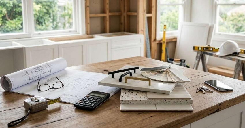 Architectural floor plans with reading glasses, calculator, tape measure, paint swatch fan deck, cabinet pull samples, quartz slab, and terrazzo tile on a wooden countertop in a kitchen under renovation.