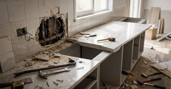 Kitchen strip-out and structural demolition showing broken wall tiles revealing old plumbing and electrical wiring, a damaged Calacatta quartz benchtop, crowbar, hammer, tape measure, and debris on open cabinet carcasses.