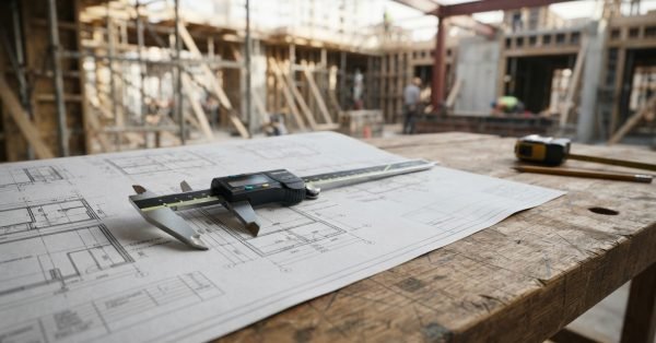 Construction blueprints and digital caliper on a workbench at an active building site for project measurement and quality inspection.