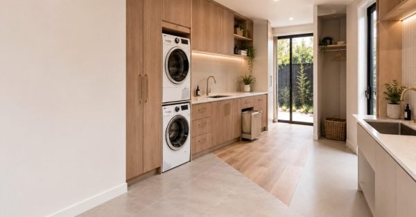 Contemporary Australian laundry featuring porcelain tiles, luxury vinyl, and waterproof flooring integrated into a modern functional design with premium cabinetry and natural light.