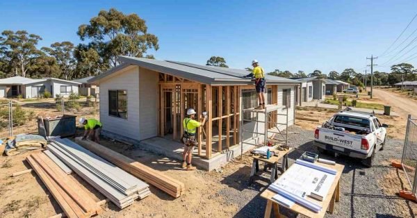 Affordable small house under construction in Australia with builders and budget-friendly modern design
