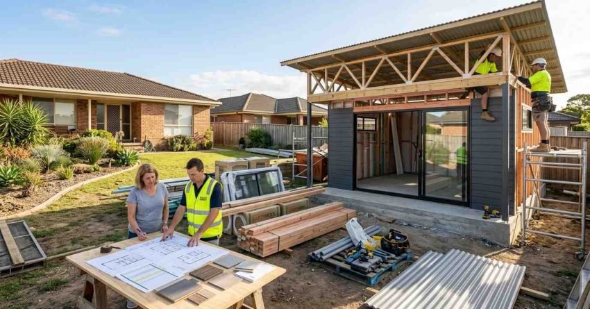 Modern Australian granny flat under construction with homeowner reviewing building plans and cost estimates