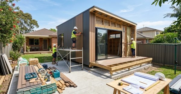 Modern 40 square metre granny flat under construction in Australian suburban backyard with builders and compact design