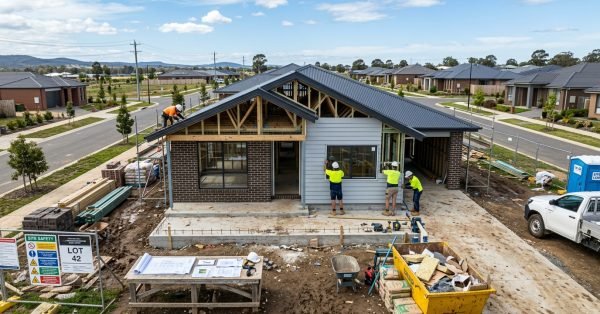 Modern Australian family home under construction with builders and practical mid-budget residential design
