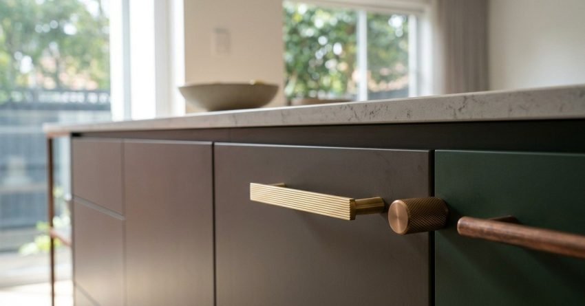 Close-up of modern kitchen island cabinetry featuring fluted brushed brass handles, a knurled brass round knob, and antique bronze pull on matte charcoal-brown and deep green flat-panel doors with an engineered quartz benchtop.