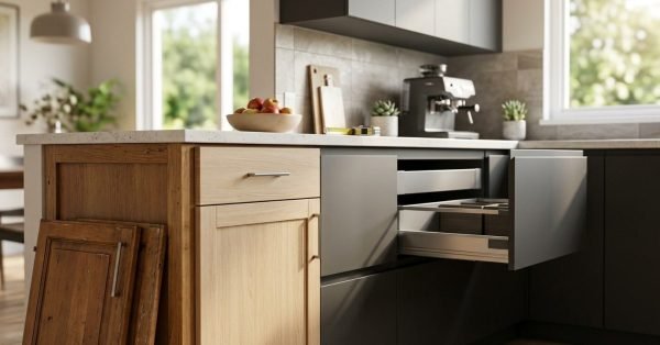 Kitchen cabinetry comparison showcasing cabinet refacing versus full replacement, featuring detached worn timber door panels resting against newly installed light oak shaker joinery and modern matte charcoal handleless soft-close drawers.