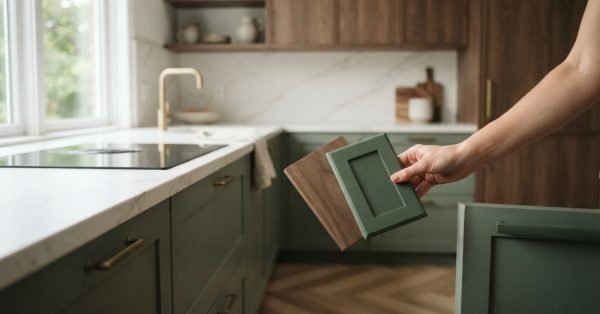 Hand comparing green cabinet door and wood finish samples in a modern kitchen, illustrating kitchen cabinet design trends, color selection, and material choices for renovation.