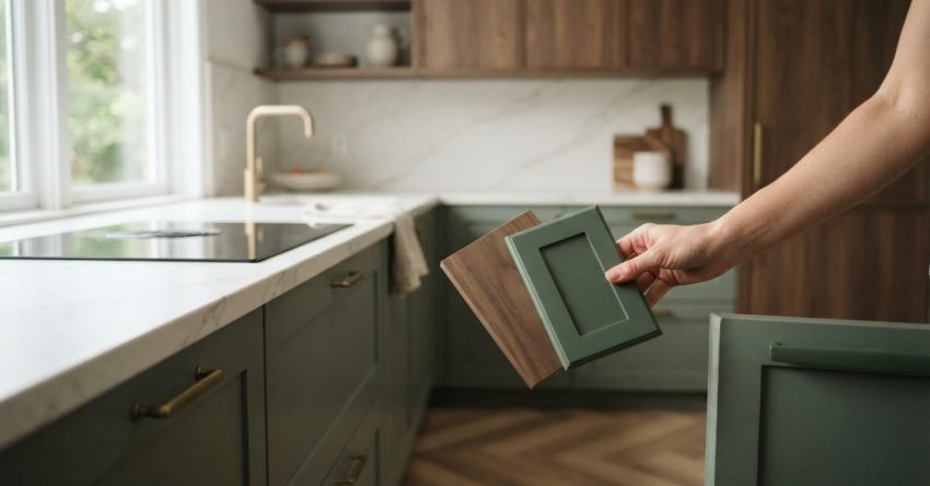 Hand comparing green cabinet door and wood finish samples in a modern kitchen, illustrating kitchen cabinet design trends, color selection, and material choices for renovation.