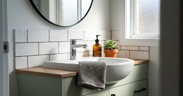 Modern sage green bathroom vanity with a timber countertop, white ceramic semi-recessed basin, polished chrome mixer tap, round mirror, and white subway tile backsplash beside a frosted window.