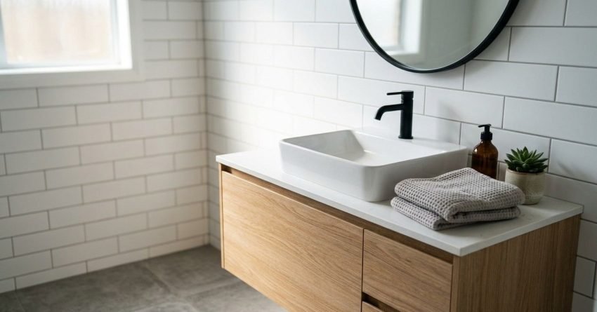 Modern floating timber vanity unit with a white quartz countertop, rectangular ceramic vessel sink, matte black gooseneck tap, round black-framed mirror, and folded waffle towels against a white subway tile wall.