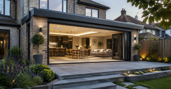 Modern brick home extension with open-plan living and bifold doors.