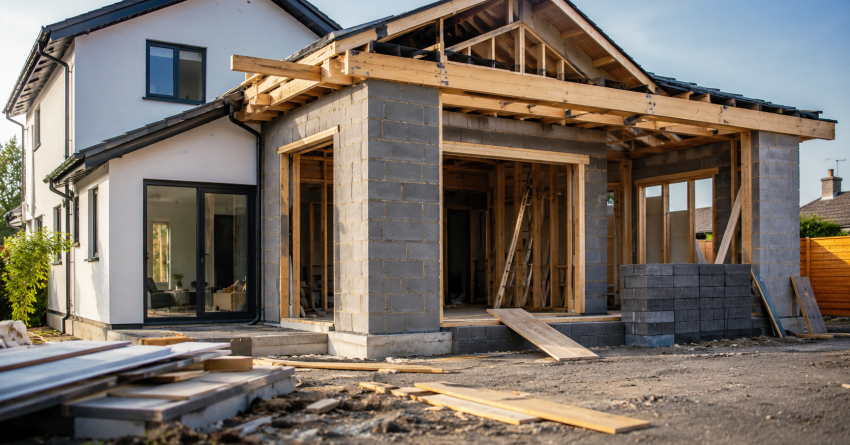 Home extension under construction with timber framing and block walls.