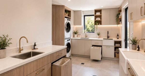 Modern Australian laundry featuring integrated laundry trough options with premium cabinetry, stone benchtops, and efficient sink placement for practical everyday use.