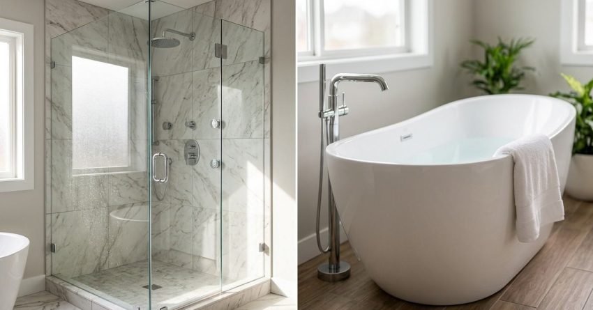 Split view of a luxury bathroom renovation comparing a frameless glass marble corner shower enclosure with chrome body jets to a deep freestanding acrylic soaking tub with a floor-mounted faucet on wood-look tile.