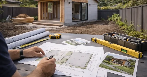 Builder reviewing architectural plans for a granny flat construction project in a Sydney residential backyard.