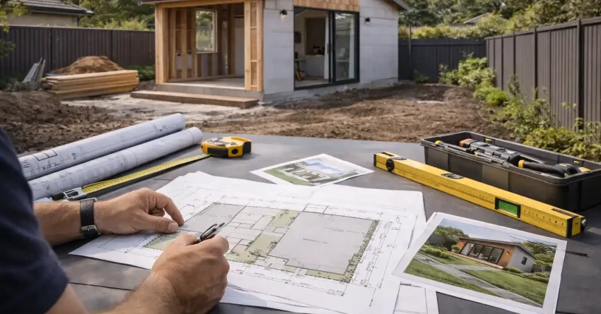 Builder reviewing architectural plans for a granny flat construction project in a Sydney residential backyard.